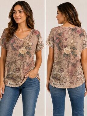 Xcit U.S.A. Floral Graphic V-Neck Short Sleeve Top Beige Tan Multi